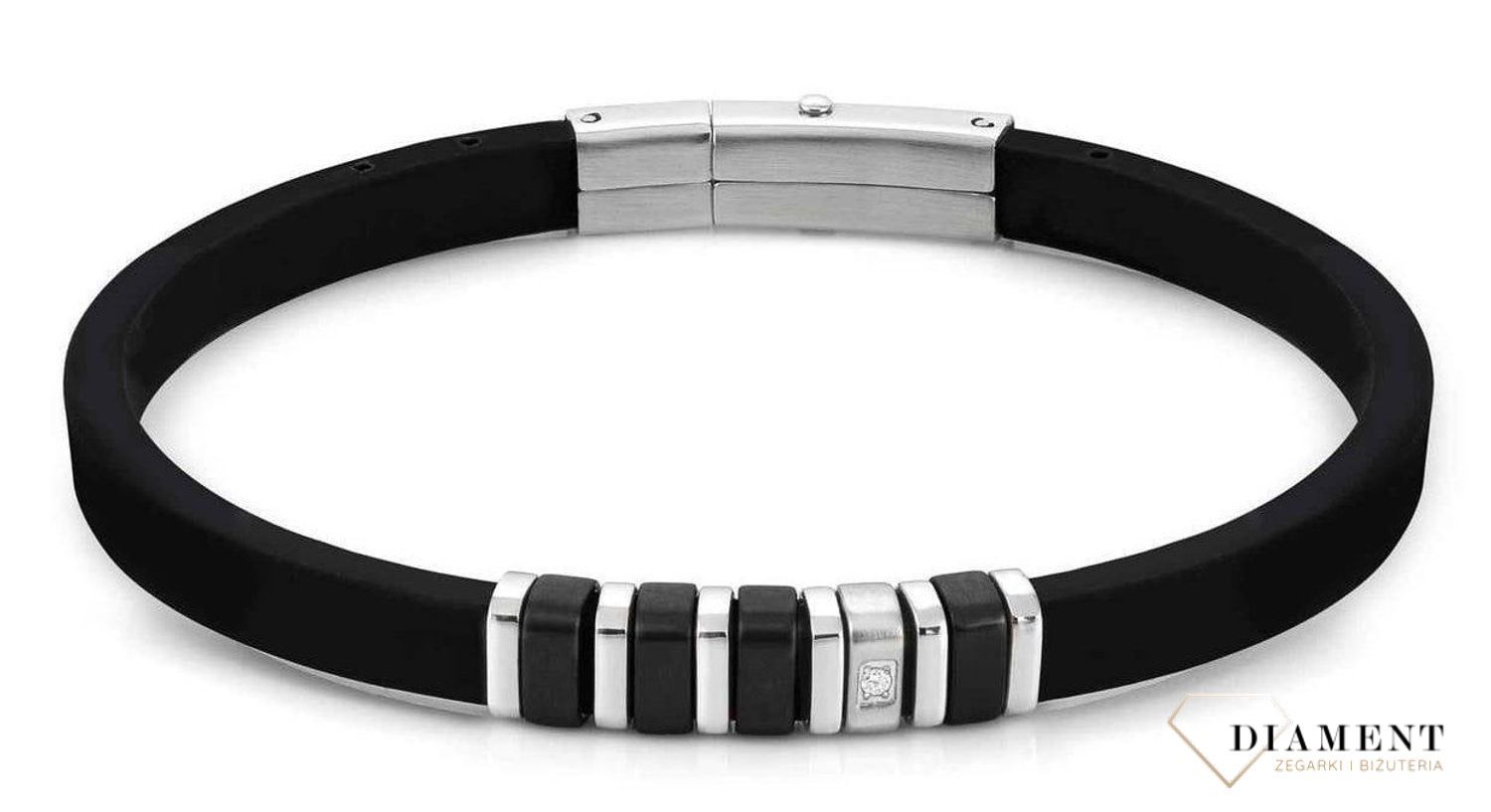 Bransoletka męska Nomination kauczuk z czarną cyrkonią z kolekcji CIty 028804 015 z czarną cyrkonią. Bransoletka w kolorze czarnym wykonana z kauczuku i stali szlachetnej 316L..jpg